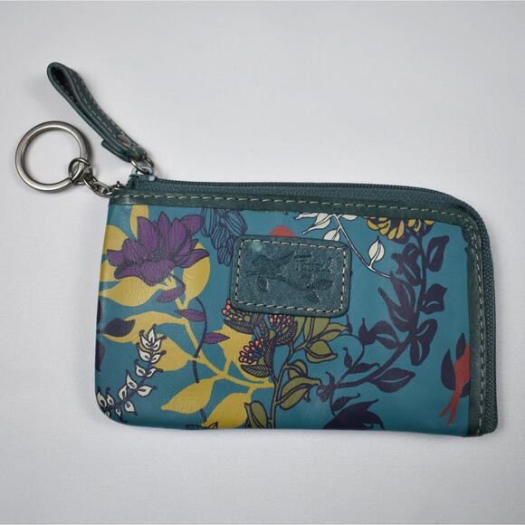 Fossil ID card holder wallet coin purse zip pouch keychain blue floral leather - Picture 1 of 6